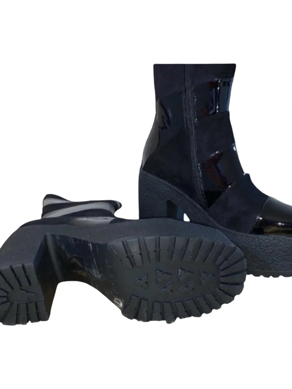 Dolls Kill Black Patent & Suede Platform Block Heel Boots